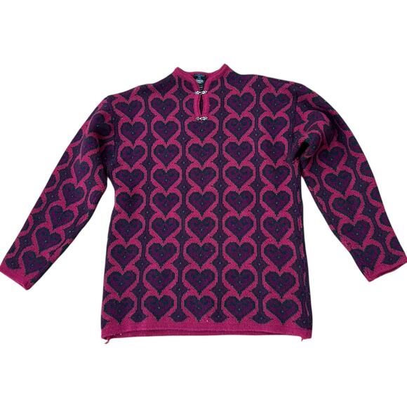 Vintage Pink Heart Print Wool Sweater Made in Norway / Women’s Large - - Picture 2 of 4